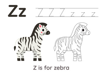 Tracing alphabet letters with cute animals. Color cute zebra. Trace letter Z.