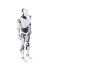 Technological modern robot full body robot isolated on white background, photorealism. Neural networks and Artificial intelligence, technology. 3D illustration, 3D rendering, copy space.