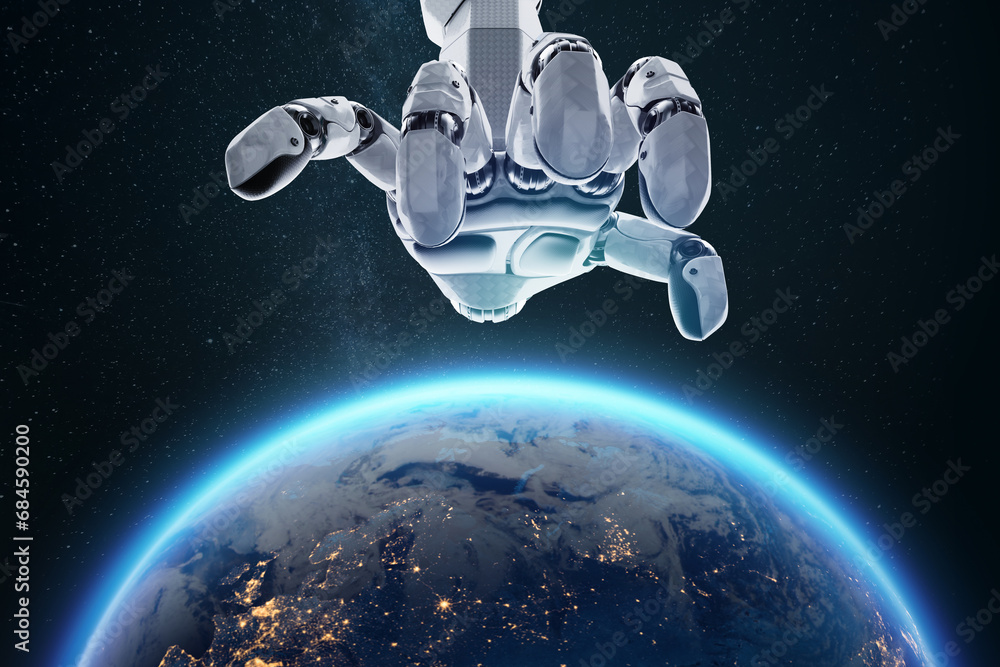 Poster the robot arm controls humanity like puppets. neural networks, ai superiority, singularity, informat