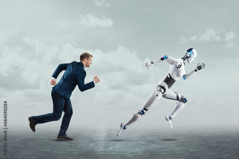 Poster a robot machine or android wins a race with a human and finishes first. the superiority of artificia