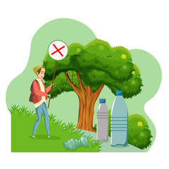 Plastic pollution illustration set. The character protests against plastic waste and planet pollution. Support proper disposal and recycling of waste. The concept of conscious consumption.