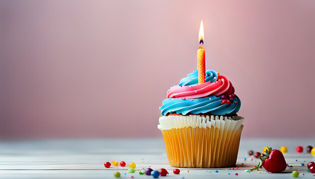 Birthday cupcake with lit birthday candle. Photography set composition.