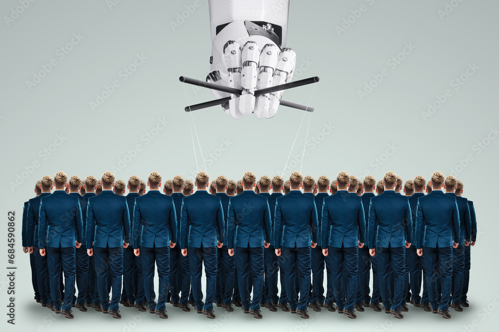 Poster the robot arm controls humanity like puppets. neural networks, ai superiority, singularity, informat