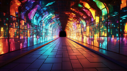 A tunnel with lights and a colorful floor.