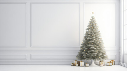 Elegant christmas tree with golden ornaments and gifts in bright room