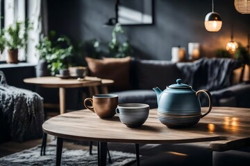 Fototapeta na wymiar A teapot and an elegant ceramic cup in a hygge style living space, combining comfort and modern aesthetics