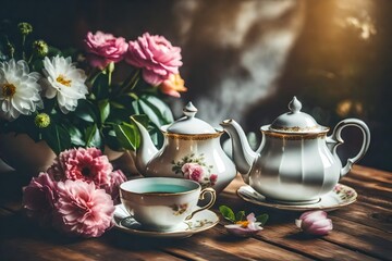 Vintage tone photo of tea cup teapot and flowers creating a charming atmosphere - obrazy, fototapety, plakaty