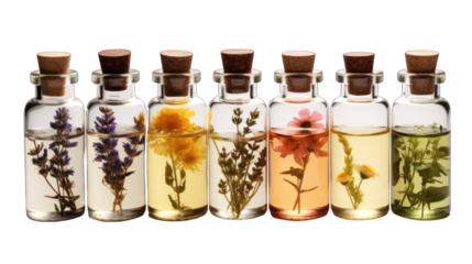 Set of Essential Oils Isolated on Transparent or White Background, PNG