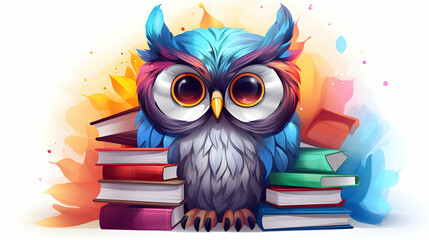 An owl wearing round glasses, next to a pile of books in different colors. On a white background. cartoon style, Generated With Ai.