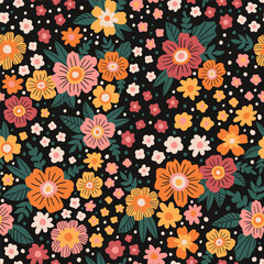 Blooming Meadow Boho Seamless Pattern. Ditsy Print. Wildflowers Vintage Background. Simple Different Small Flowers. Millefleurs Liberty Style Floral Design For Fabric, Paper, Surface Design