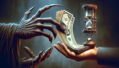 Human hand trade his time to the demon like a we doing work for company - obrazy, fototapety, plakaty