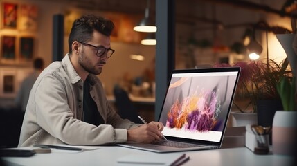 A woman sits on a laptop in an art gallery photo realistic illustration - Generative AI. - obrazy, fototapety, plakaty