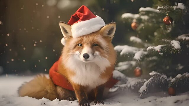 Portrait of a cute fox in Santa Claus hat. Christmas background. AI generated.