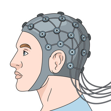 Human with electrical sensors on head for electroencephalography diagram hand drawn schematic raster illustration. Medical science educational illustration