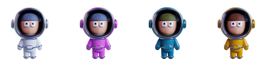 Four astronauts in different colors of spacesuit, 3D render. Front view.