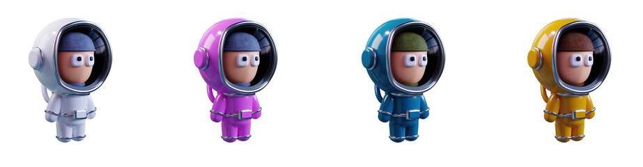 Four astronauts in different colors of spacesuit, 3D render. Side view.