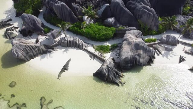 Aerial view of Anse Source d'Argent beach in La Digue island, Seychelles