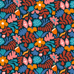 Abstract artsy peper cut style blooms and foliage leaves twigs branches, groovy meadow greenery weeds, seamless pattern  design in retro color  palette, vector illustration repeat print