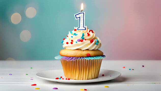 Birthday cupcake with lit birthday candle Number one for one year or first anniversary