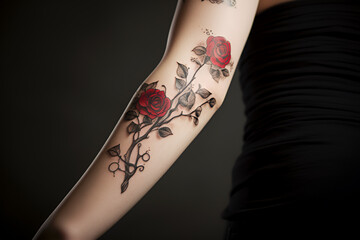 A tattoo of a red rose on a woman's arm, dark background. - Powered by Adobe