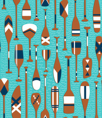 outdoor adventure water sport kayak and canoe boats oars and paddles in different shapes, lake summer camping  beach house cabin design, vector illustration seamless pattern.