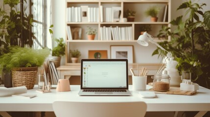 Fototapeta premium A woman works on her laptop in a cozy home office photo realistic illustration - Generative AI.