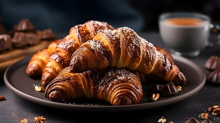 Croissant with chocolate spread and milk, restaurant sweet breakfast menu concept on White Background,generated with Ai