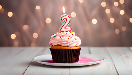 Birthday cupcake with lit birthday candle Number two for two years or second anniversary