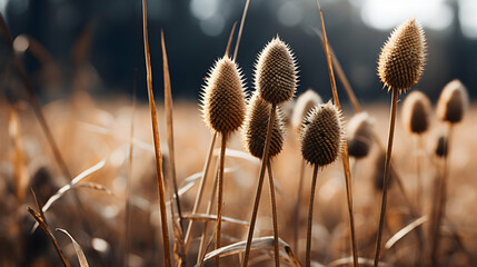 Closeup of dried teasel plant,generated with Ai - obrazy, fototapety, plakaty