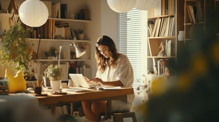 A woman works on her laptop in a cozy home office photo realistic illustration - Generative AI. - obrazy, fototapety, plakaty