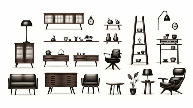 Collection of elegant modern furniture and home interior decorations of trendy Mid Century modern retro,Generated Ai