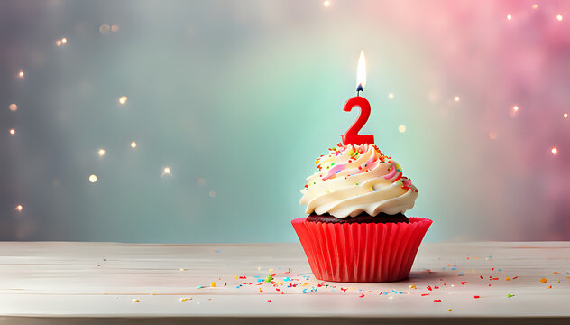 Birthday cupcake with lit birthday candle Number two for two years or second anniversary
