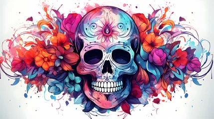 Stof per meter Aquarel doodshoofd Colorful skull watercolor illustration,Generated Ai