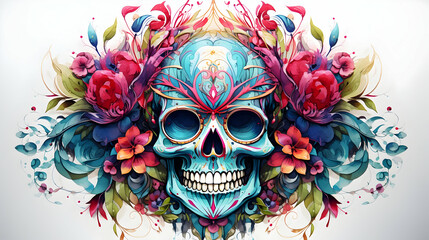 Colorful skull watercolor illustration,Generated Ai