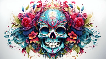 Afwasbaar Fotobehang Aquarel doodshoofd Colorful skull watercolor illustration,Generated Ai
