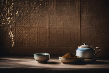 oriental tea cup in a stone temple 