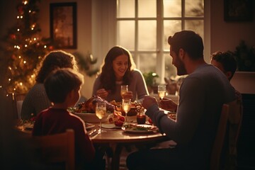 holidays, celebration and people concept - happy family having Christmas dinner at home.