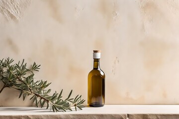 olive oil bottle container on ancient tuscan stucco wall background