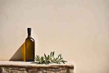 olive oil bottle container on ancient tuscan stucco wall background