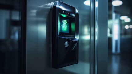  close-up photograph of a modern and secure biometric access control system at a business entrance 