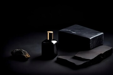 elegant black  perfume flacon in  black stone slab background