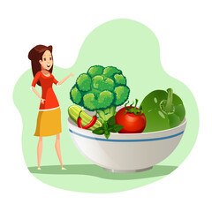 
Set of healthy lifestyle illustrations. The girl chooses the right lifestyle, a cup with vegetables, yurokoli, pepper, cucumber, tomato. set of vegetables