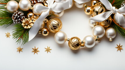 Wreath of fir branches with ribbon and Christmas decoration on a white background. Generative AI technology.