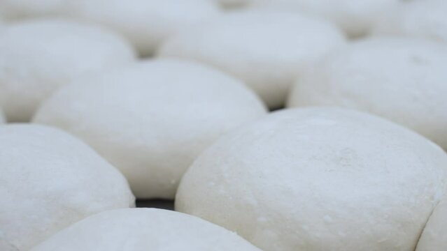 Round pieces of dough lies in flour on the kitchen table. Cooking, bakery. The kneaded dough lies and waits to be baked
