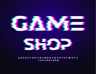 Vector trendy signboard Game Shop. Futuristic style Font. Digital Glitch style Font. 