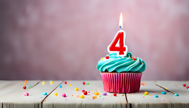 Birthday cupcake with lit birthday candle Number four for four years or quarter anniversary