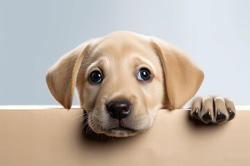 Cute portrait of Labrador Puppy crawls out of a paper box