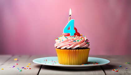 Birthday cupcake with lit birthday candle Number four for four years or quarter anniversary