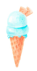 watercolor blue ice cream in waffle cone isolated on white background