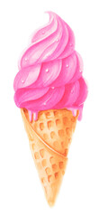Watercolor pink ice cream in waffle cone isolated on white background, hand drawn